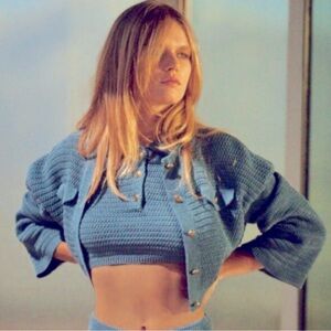 Zara Knit Crop Cardigan Sweater Blue Sz Large